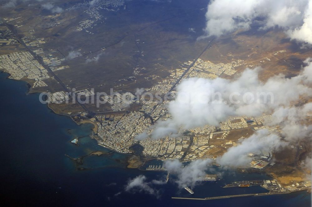 Aerial image Arrecife - City view on sea coastline of the Atlantic Ocean in Arrecife, Lanzarote, Canaries in Canarias, Spain