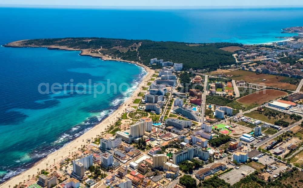 Sant Llorenc des Cardassar from above - City view on sea coastline in the Bucht Badia de Son Servera in Sant Llorenc des Cardassar in Balearic island of Mallorca, Spain