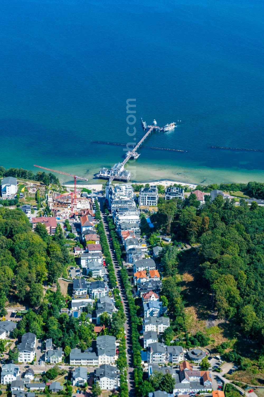 Ostseebad Sellin from above - City view on sea coastline of Baltic Sea in Ostseebad Sellin on the island of Ruegen in the state Mecklenburg - Western Pomerania, Germany