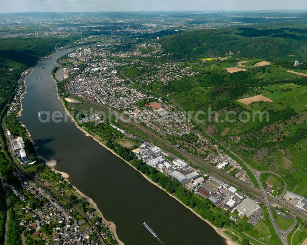 Aerial photograph Lahnstein - View of Lahnstein in the state Rhineland-Palatinate. The town is located in the county district of Rhine-Lahn, at the mouth of the river Lahn into the river Rhine. The spa resort includes thermal spas and health centres and sits in the UNESCO world heritage site of Upper Middle Rhine Valley