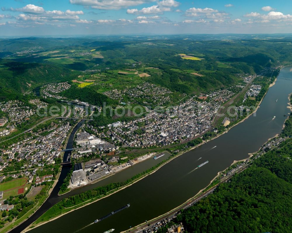 Lahnstein from above - View of Lahnstein in the state Rhineland-Palatinate. The town is located in the county district of Rhine-Lahn, at the mouth of the river Lahn into the river Rhine. The spa resort includes thermal spas and health centres and sits in the UNESCO world heritage site of Upper Middle Rhine Valley