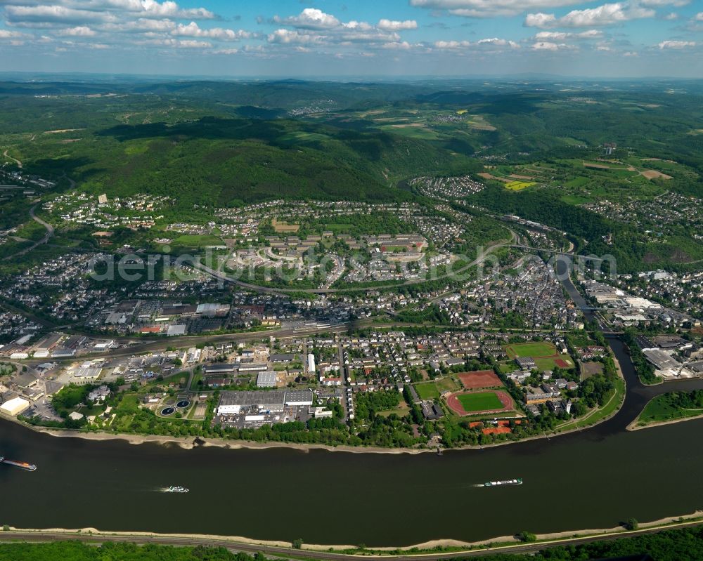 Lahnstein from the bird's eye view: View of Lahnstein in the state Rhineland-Palatinate. The town is located in the county district of Rhine-Lahn, at the mouth of the river Lahn into the river Rhine. The spa resort includes thermal spas and health centres and sits in the UNESCO world heritage site of Upper Middle Rhine Valley