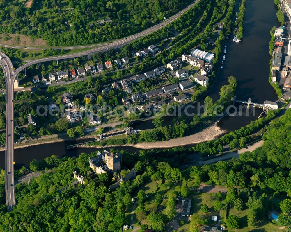 Aerial photograph Lahnstein - View of Lahnstein in the state Rhineland-Palatinate. The town is located in the county district of Rhine-Lahn, at the mouth of the river Lahn into the river Rhine. The spa resort includes thermal spas and health centres and sits in the UNESCO world heritage site of Upper Middle Rhine Valley. The river Lahn takes its course through Lahnstein, as well as the federal highways B260 and B42