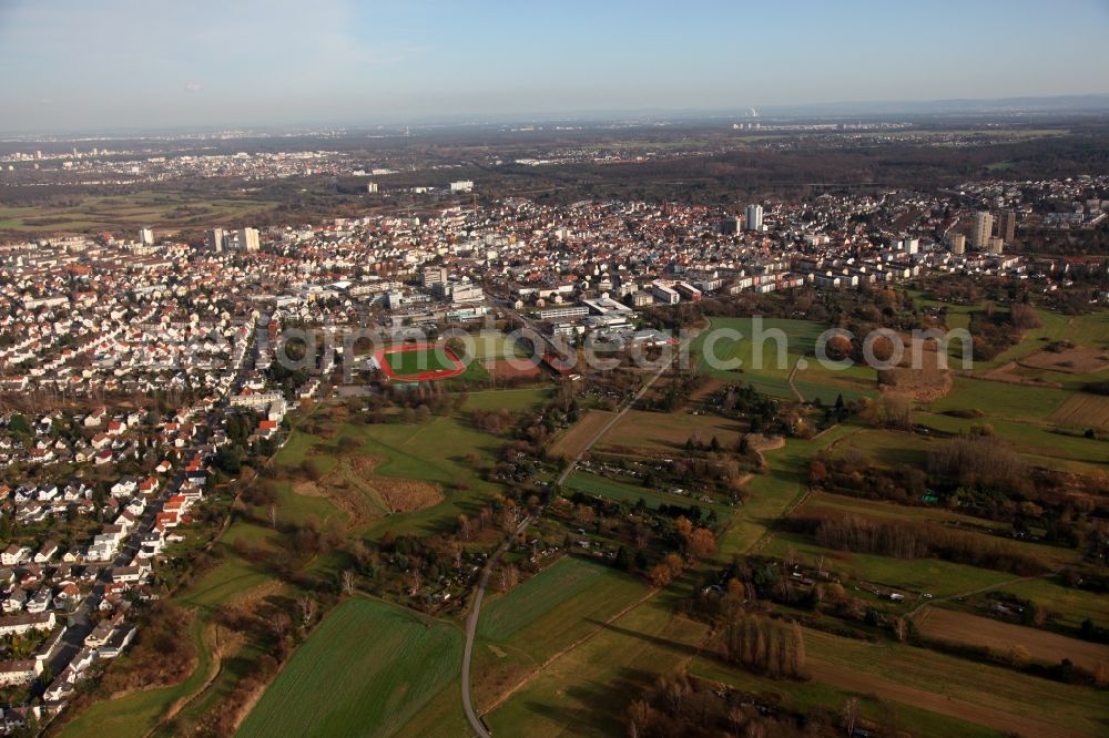 Aerial photograph Langen (Hessen) - View of the town of Langen in the state of Hesse. The town is home of the Deutsche Flugsicherung (German air traffic control) and is located in a flatland - characterised by fields and agricultural land - between the federal motorways A5 and A561