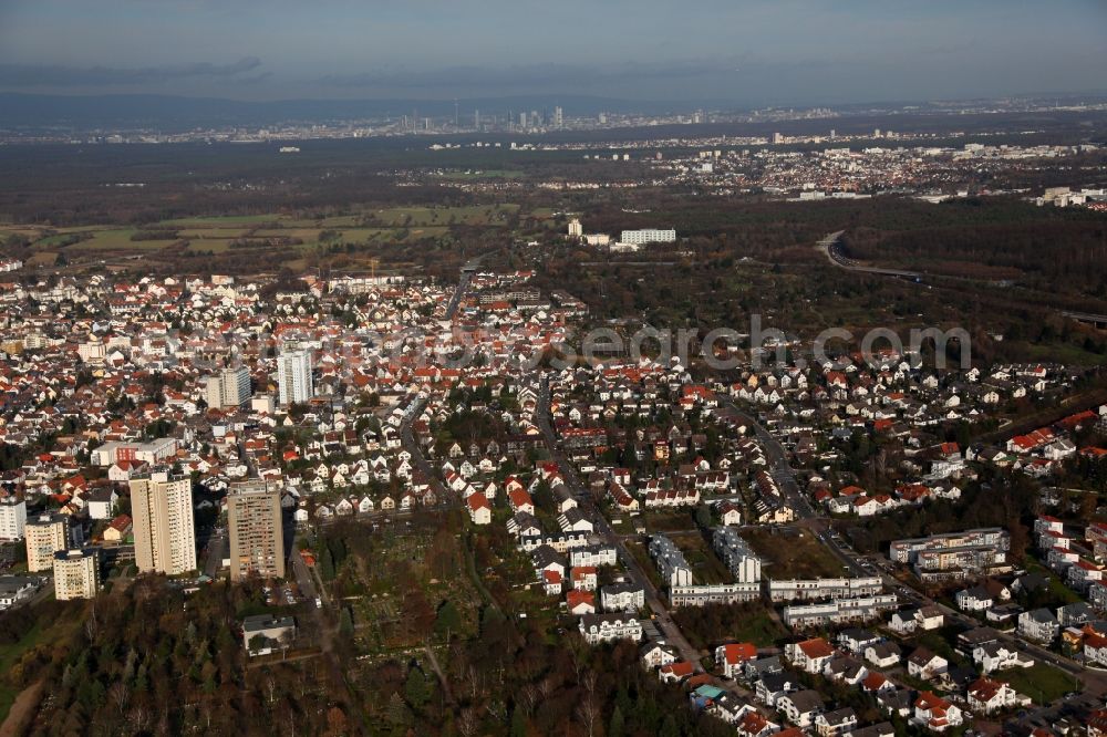 Langen (Hessen) from above - View of the town of Langen in the state of Hesse. The town is home of the Deutsche Flugsicherung (German air traffic control) and is located in a flatland - characterised by fields and agricultural land - between the federal motorways A5 and A561