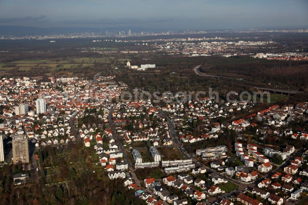 Langen (Hessen) from the bird's eye view: View of the town of Langen in the state of Hesse. The town is home of the Deutsche Flugsicherung (German air traffic control) and is located in a flatland - characterised by fields and agricultural land - between the federal motorways A5 and A561