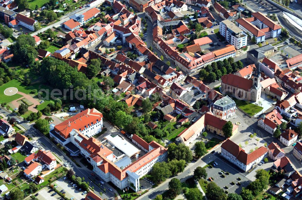 Aerial image Leinefelde-Worbis - Stadtansicht mit der katholischen Kirche St. Nikolaus und dem St. Elisabeth Krankenhaus in Worbis in Thüringen. Die Klinik gehört zum Klinikum Eichsfeld. Cityscape with catholic church St. Nicholas and St. Elisabeth hospital in Thuringa.