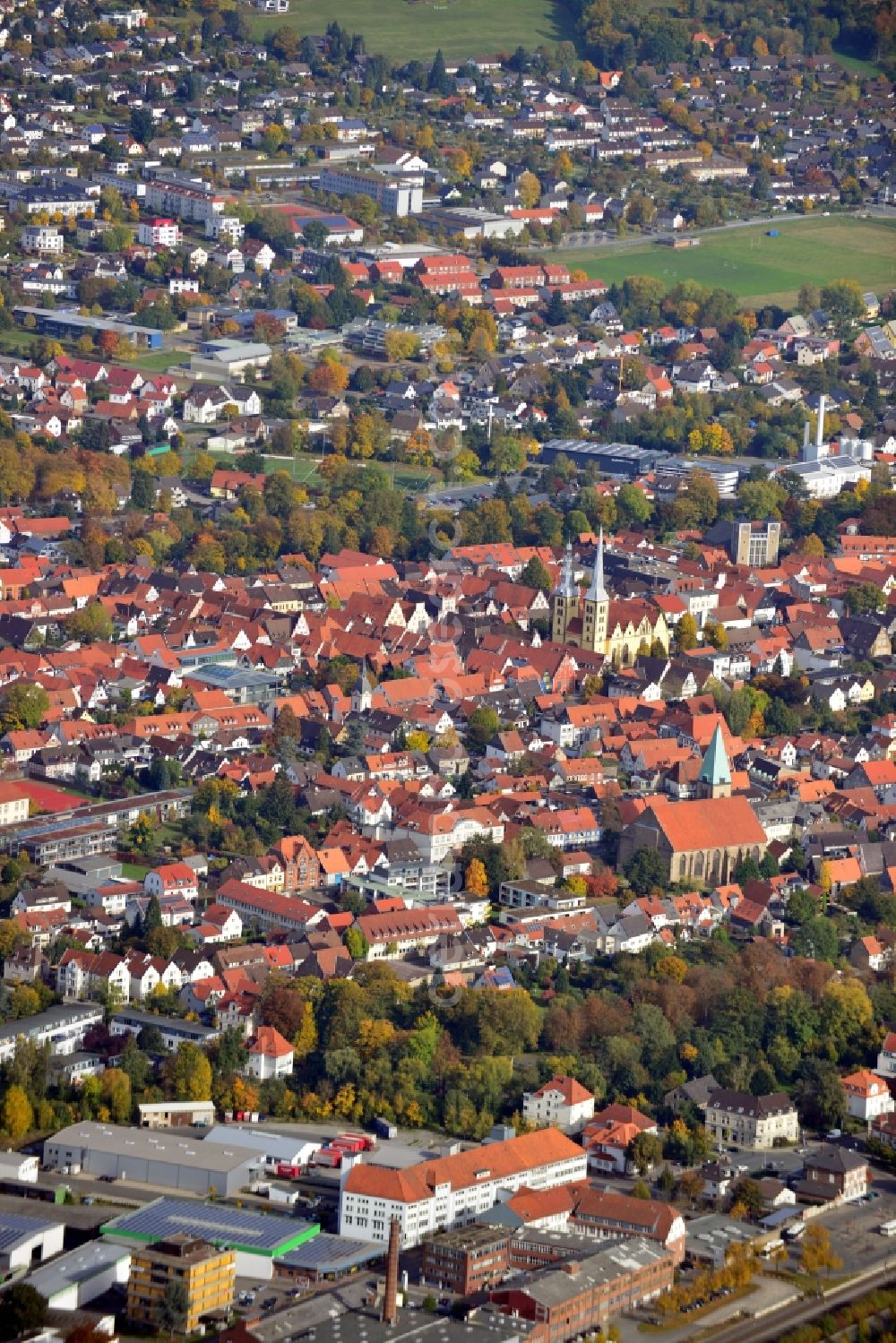 Lemgo from the bird's eye view: Cityscape of Lemgo in the state North Rhine-Westphalia. In the centre of the old city is the Evangelical Lutheran parish church St. Nicolai. nicolai-lemgo.de /