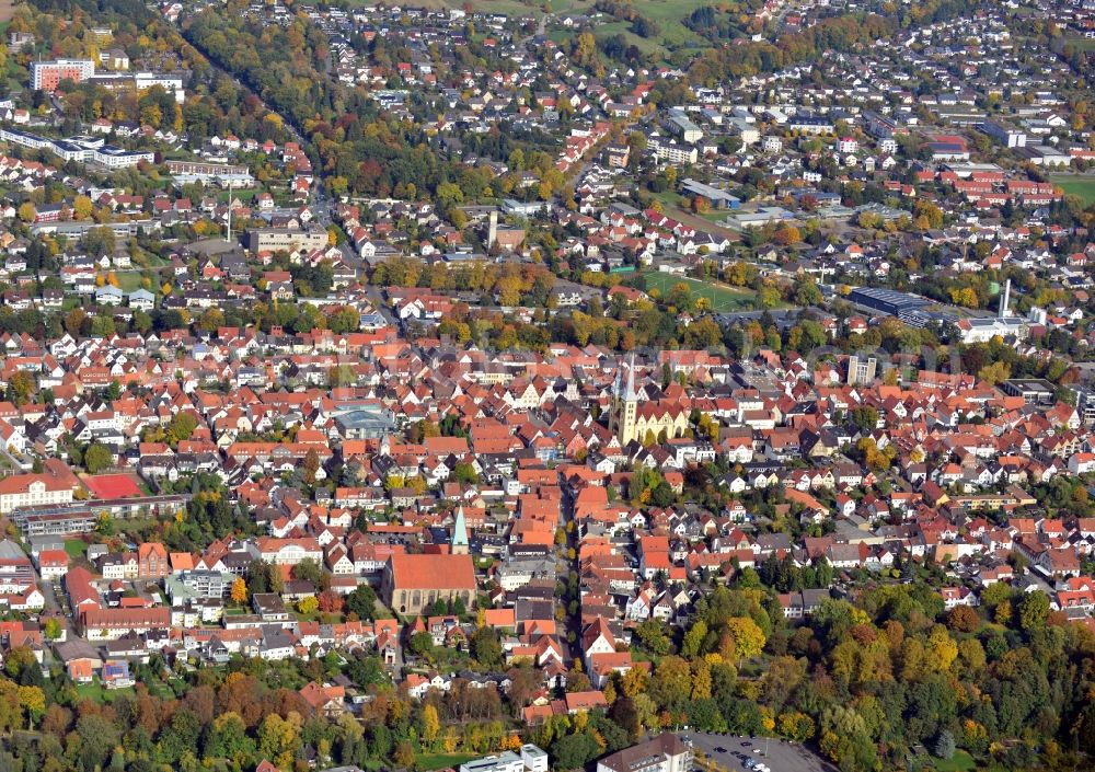 Aerial photograph Lemgo - Cityscape of Lemgo in the state North Rhine-Westphalia. In the centre of the old city is the Evangelical Lutheran parish church St. Nicolai. nicolai-lemgo.de /