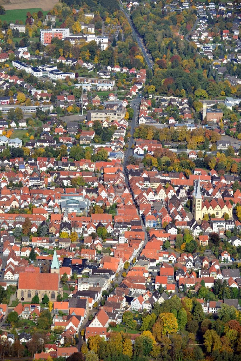 Lemgo from above - Cityscape of Lemgo in the state North Rhine-Westphalia. In the centre of the old city is the Evangelical Lutheran parish church St. Nicolai. nicolai-lemgo.de /