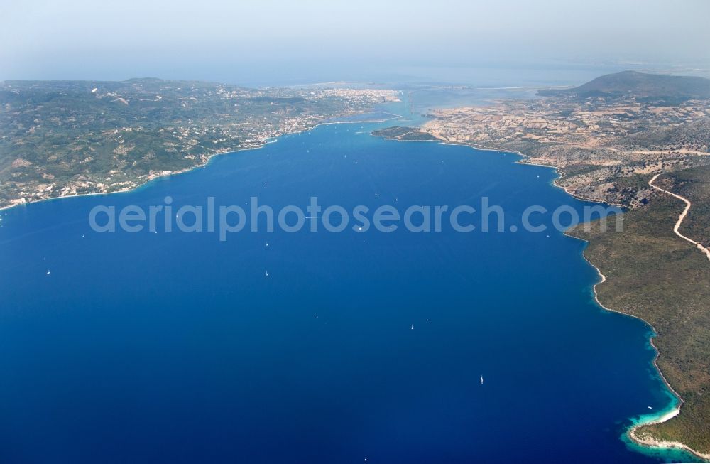 Aerial image Levkas - City view from Levkas on the island of Lefkada in Greece from the Mainland. In the background the connection road to the Mainland