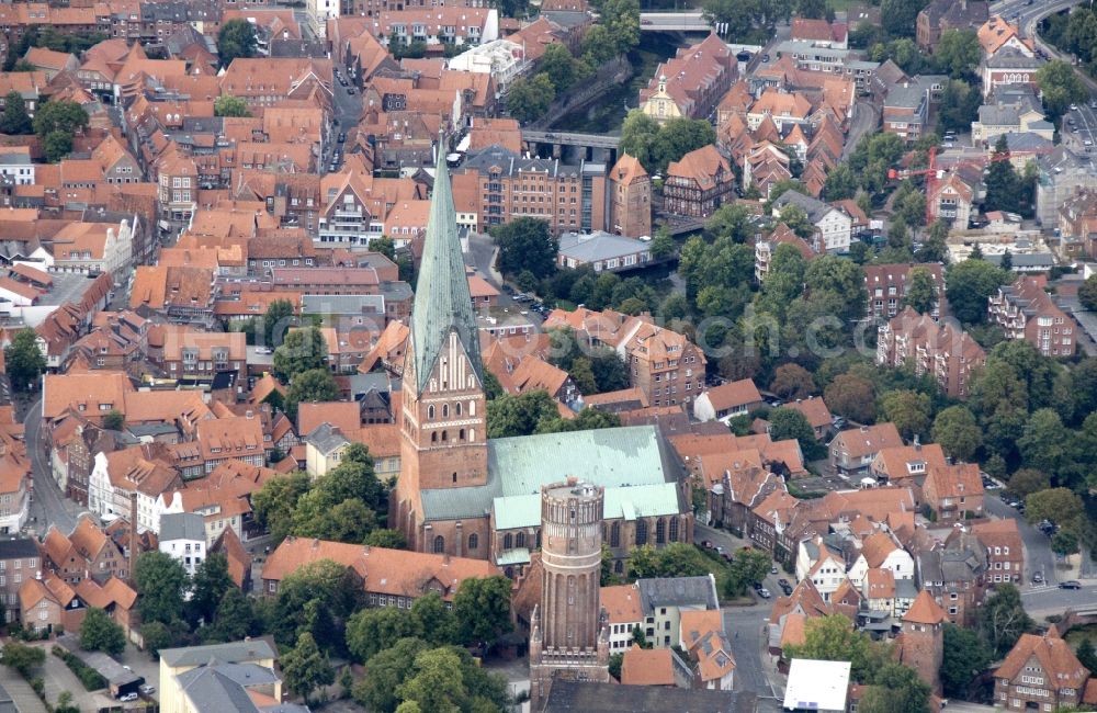 Lüneburg from above - City view of Lüneburg with the Church of St. John and the water tower. Lüneburg is the third largest city in the central state of Lower Saxony