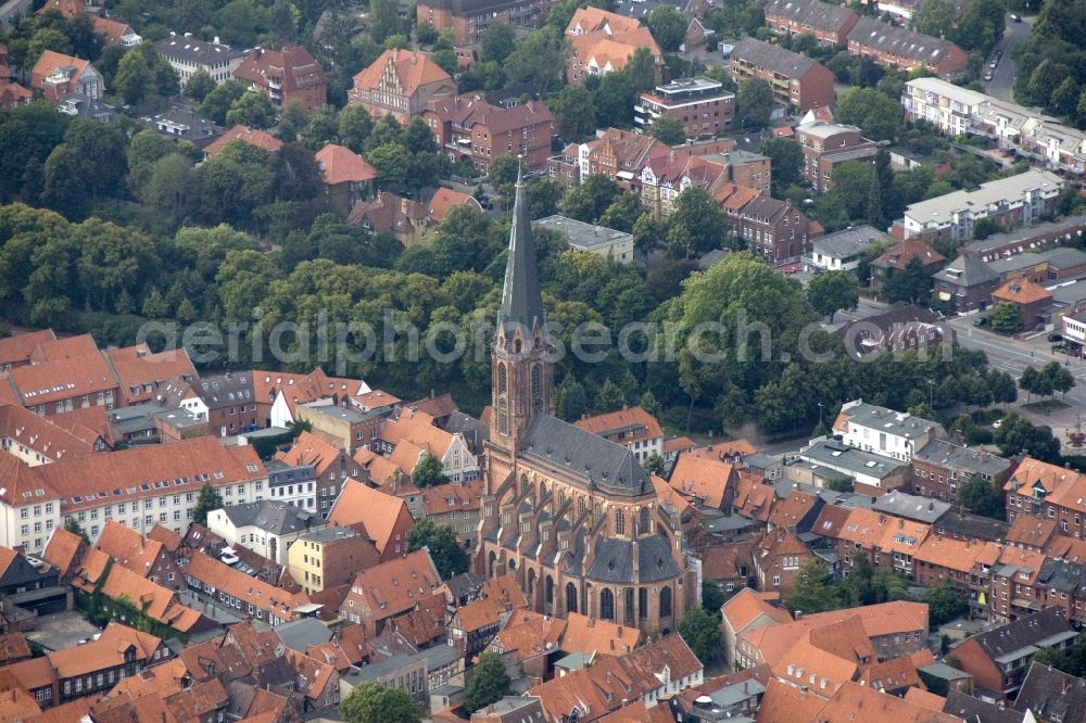 Lüneburg from above - City view of Lüneburg with the St. Nicholas Church. Lüneburg is the third largest city in the central state of Lower Saxony