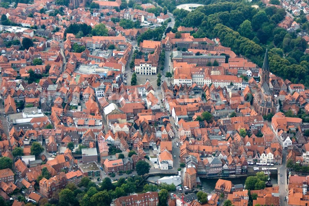 Lüneburg from the bird's eye view: City view of Lüneburg with the St. Nicholas Church and the river Ilmenau. Lüneburg is the third largest city in the central state of Lower Saxony