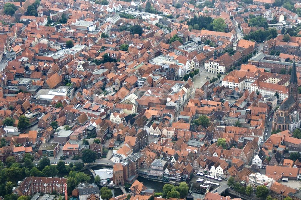 Aerial image Lüneburg - City view of Lüneburg with the St. Nicholas Church and the river Ilmenau. Lüneburg is the third largest city in the central state of Lower Saxony