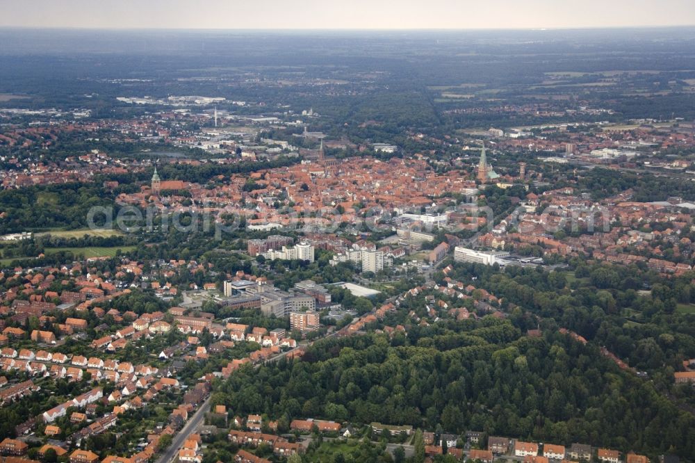 Lüneburg from above - City view of Lüneburg with the Church of St. John, St. Nicholas Church and St. Michael's Church. Lüneburg is the third largest city in the central state of Lower Saxony