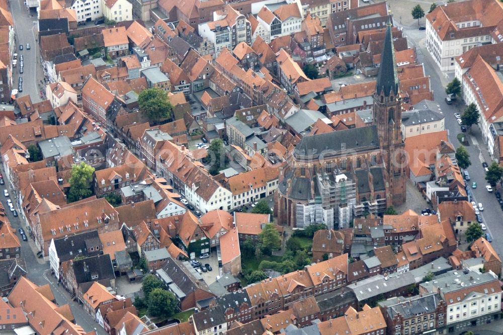 Lüneburg from the bird's eye view: City view of Lüneburg with the St. Nicholas Church. Lüneburg is the third largest city in the central state of Lower Saxony