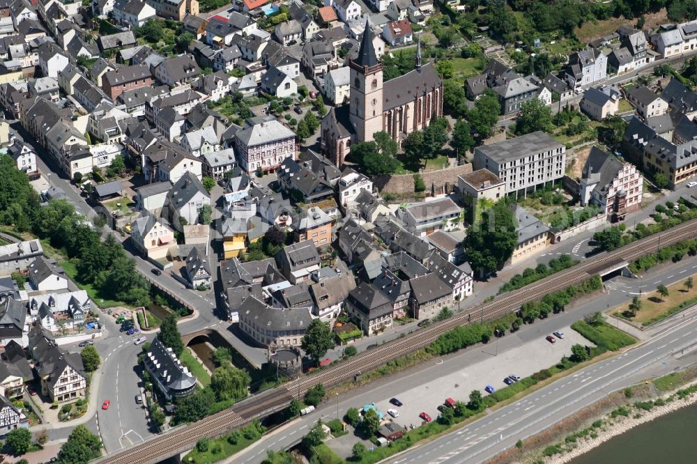 Lorch from the bird's eye view: View of the town of Lorch in the state of Hesse. Lorch is a small town in the Middle Rhine Valley, where the Rhine forms the border to Rhineland-Palatinate. The town is characterised by viniculture and tourism. The federal highway 42 takes its course along the riverbank. The town is located on the mouth of the river Wisper