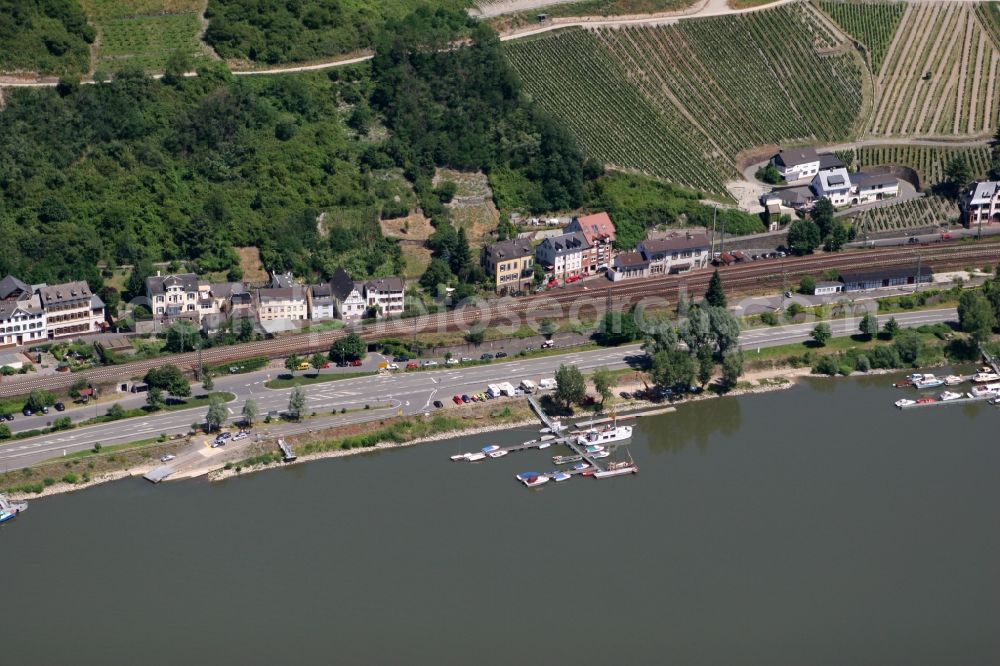 Lorch from above - View of the town of Lorch in the state of Hesse. Lorch is a small town in the Middle Rhine Valley, where the Rhine forms the border to Rhineland-Palatinate. The town is characterised by viniculture and tourism. The federal highway 42 takes its course along the riverbank. The town is located on the mouth of the river Wisper. View of the Lorchhausen part of the town