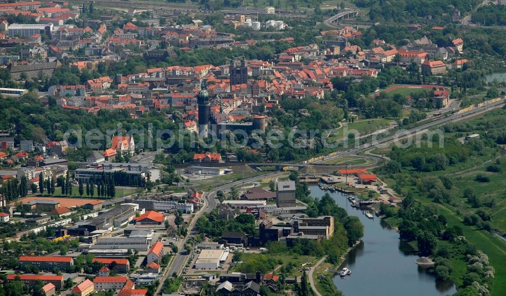 Lutherstadt Wittenberg from the bird's eye view: City view of Lutherstadt Wittenberg on the river Elbe in the state Saxony-Anhalt