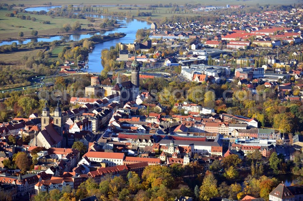 Lutherstadt Wittenberg from the bird's eye view: Cityscape of Lutherstadt Wittenberg in the state Saxony-Anhalt. You can see the Castle of Wittenberg with the appropriate castle church Allerheiligen (All Hallows). The castle and the church are world heritage sites of the UNESCO