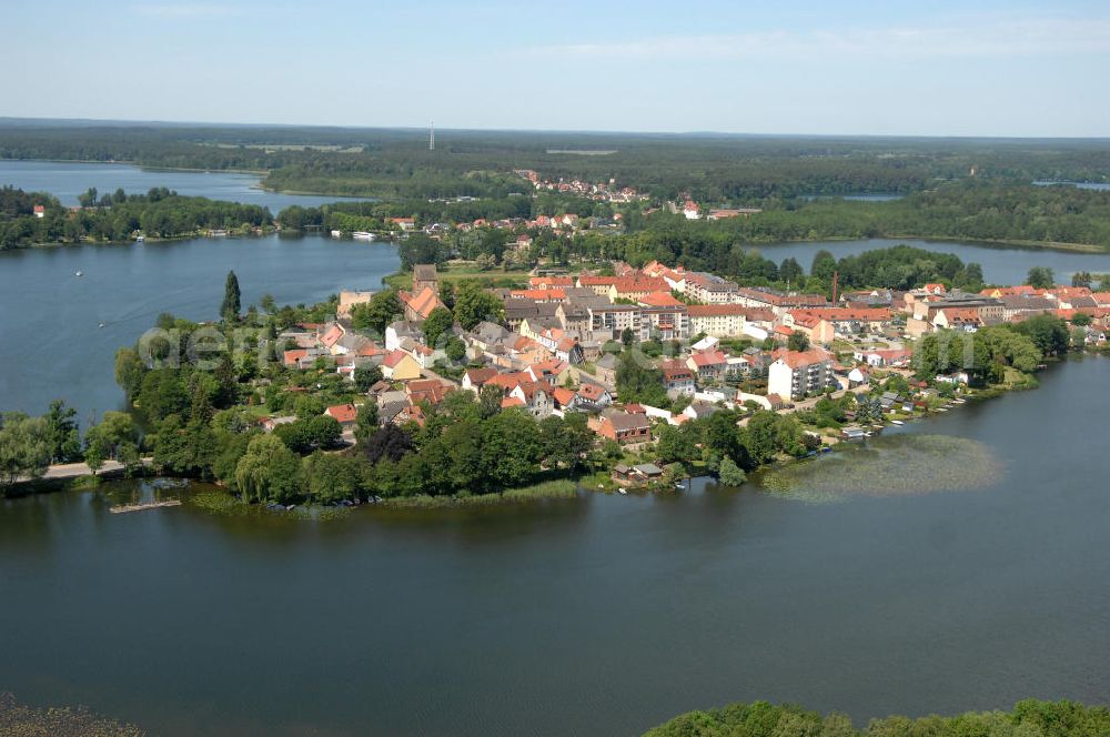 Lychen from above - Stadtansicht von Lychen am Ufer des Zenssee und des Oberpfuhl im Bundesland Brandenburg. City view of Lychen in Germany.