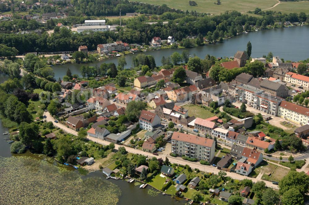 Lychen from the bird's eye view: Stadtansicht von Lychen am Ufer des Zenssee und des Oberpfuhl im Bundesland Brandenburg. City view of Lychen in Germany.