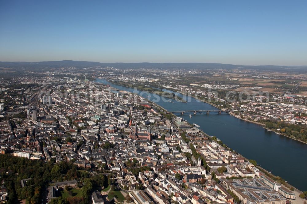 Mainz from above - View of Mainz and the course of the Rhine in the state of Rhineland-Palatinate. Mainz is state capitol and largest city of Rhineland-Palatinate. View of the city centre from the Southeast