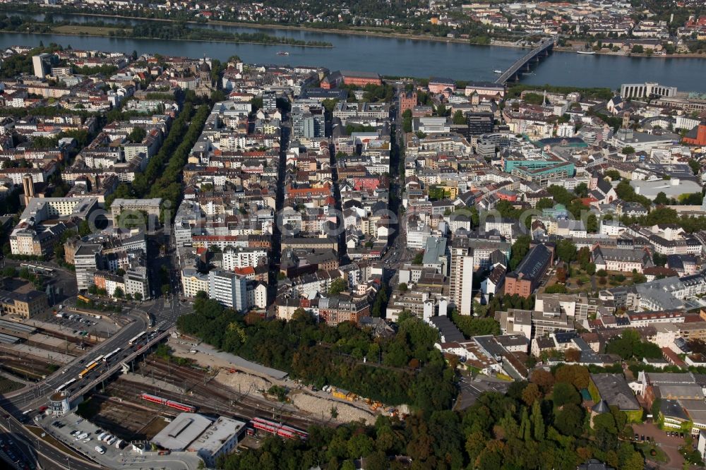 Mainz from above - View of Mainz and the course of the Rhine in the state of Rhineland-Palatinate. Mainz is state capitol and largest city of Rhineland-Palatinate. A university, several TV and radio broadcasting stations and the carneval are characteristic features of the city on the river Rhine