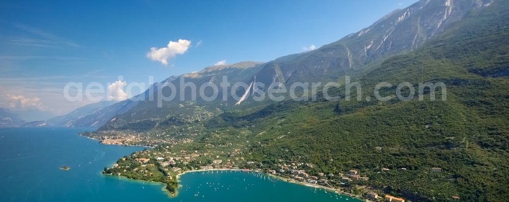 Malcesine from the bird's eye view: City view of Malcesine with a lot of hotels at the Garda sea in Veneto, Italy