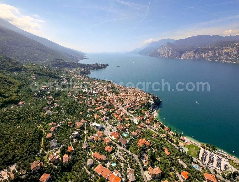 Aerial photograph Malcesine - City view of Malcesine with the castle Castello di Malcesine at the Garda sea in Veneto, Italy