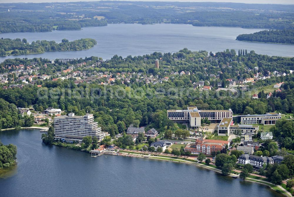 Malente from above - Blick über Malente und den Kellersee. Im Vordergrund das Hotel Intermar Malente (links) und die Mühlenbergklinik Holsteinische Schweiz (rechts). View over Malente and Kellersee. In the foreground the hotel Intermar Malente (left) and the Muhlenberg Clinic Holsteinische Schweiz (right).