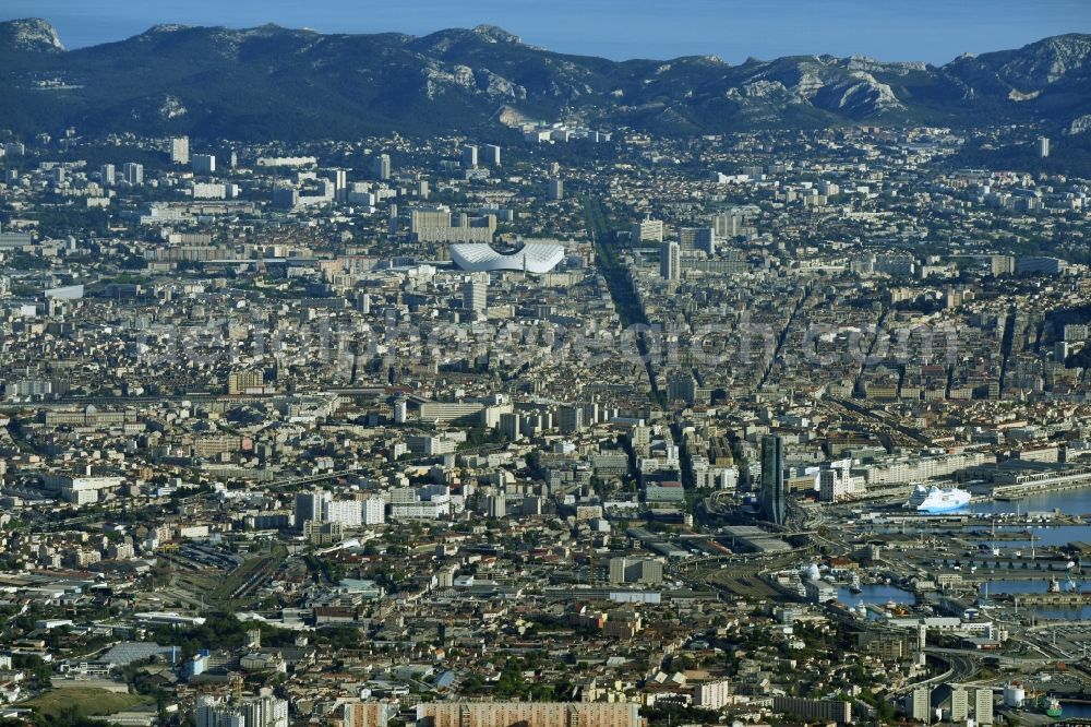 Marseille from the bird's eye view: Cityscape of the city area of Marseille in Provence-Alpes-Cote d'Azur, France