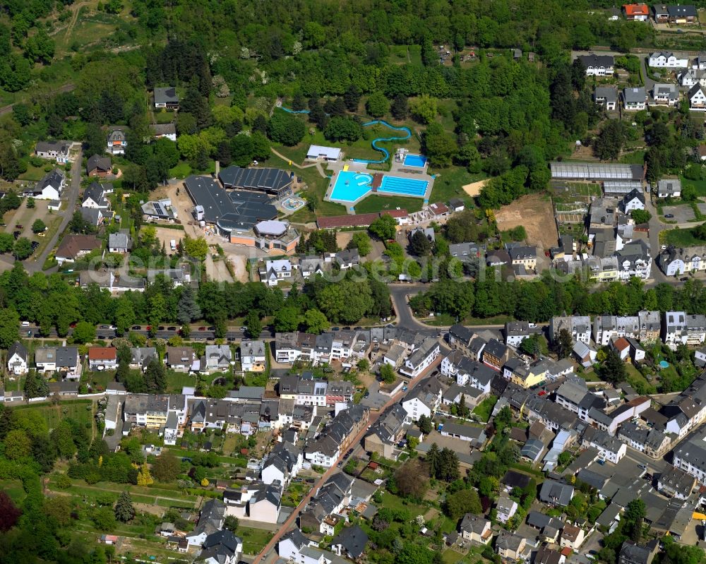 Mayen from above - View of Mayen in the state Rhineland-Palatinate. The town is located in the county district of Mayen-Koblenz in the Eifel region. The urban area is crossed by the river Nette. Mayen consists of a main town and four boroughs and districts