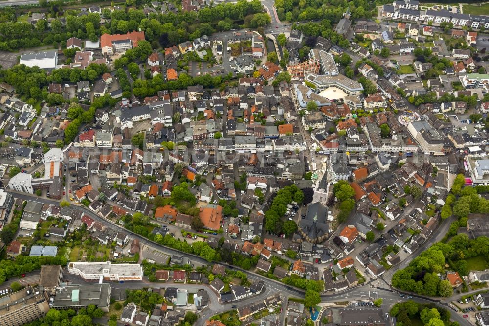 Menden (Sauerland) from above - View of the town of Menden (Sauerland) in the state North Rhine-Westphalia. The town is part of the Maerkische county district, its centre is widely green and consists of parks and historic buildings