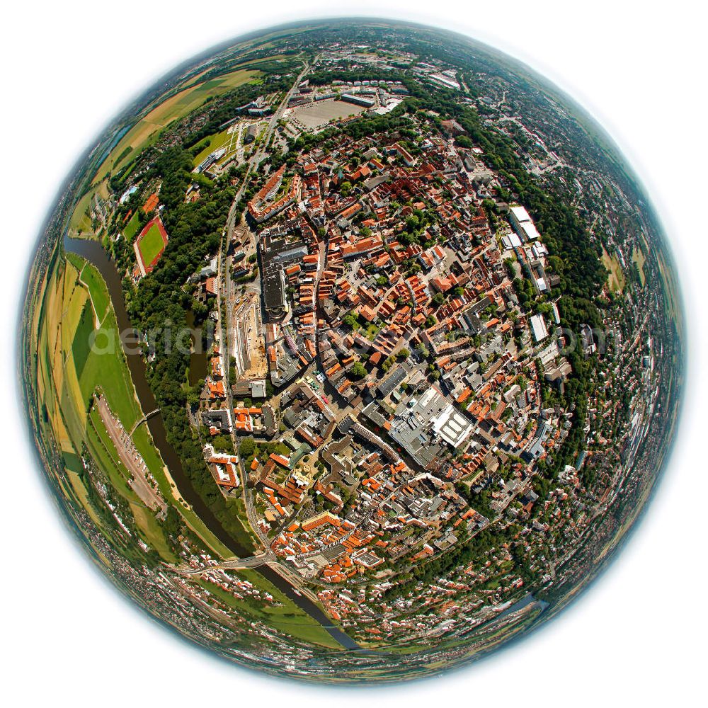 Aerial image Minden - Fish Eye Blick Stadtansicht Minden in Nordrhein-Westfalen. Fish Eye view overlooking the city Minden in North Rhine-Westphalia