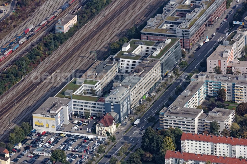 Aerial image München - Mixing of residential and commercial settlements in Munich Laim in the state Bavaria, Germany