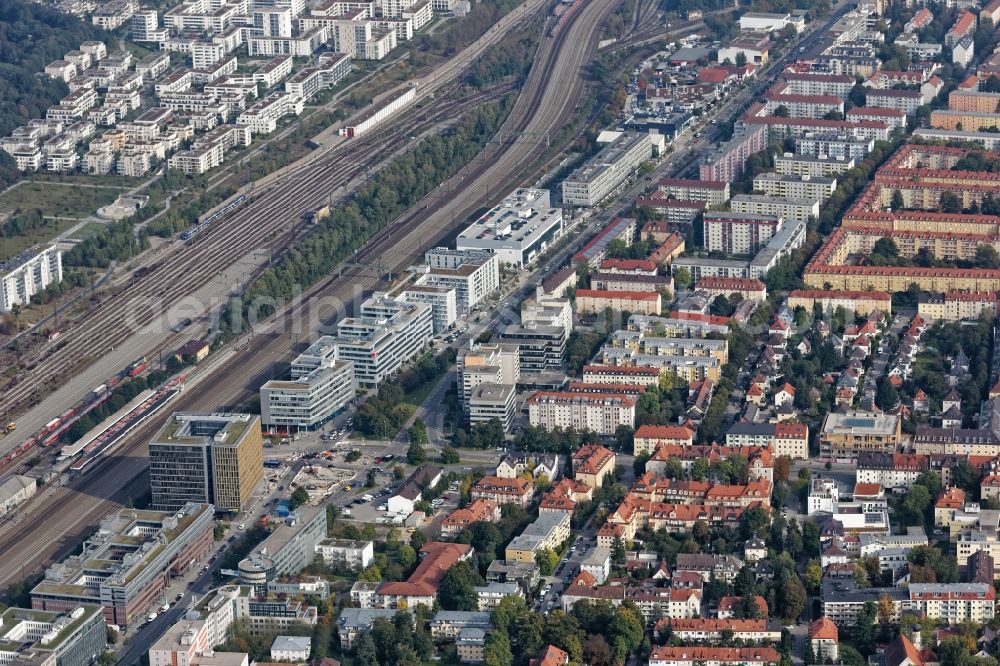 München from above - Mixing of residential and commercial settlements in Munich Laim in the state Bavaria, Germany