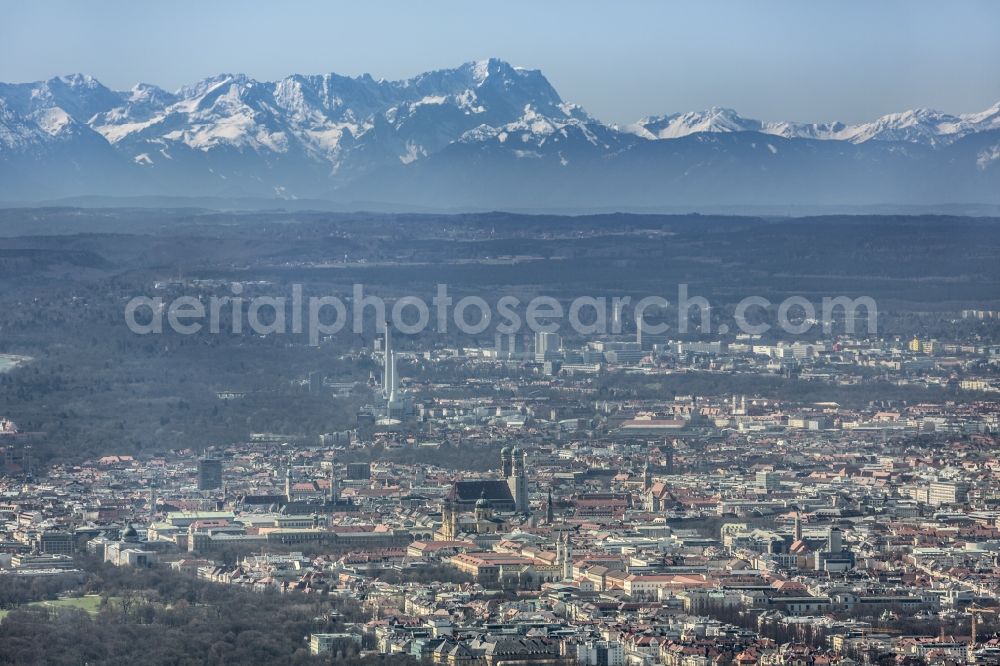 München from above - Cityscape of Munich with the Frauenkirche in front of the Alps in Bavaria