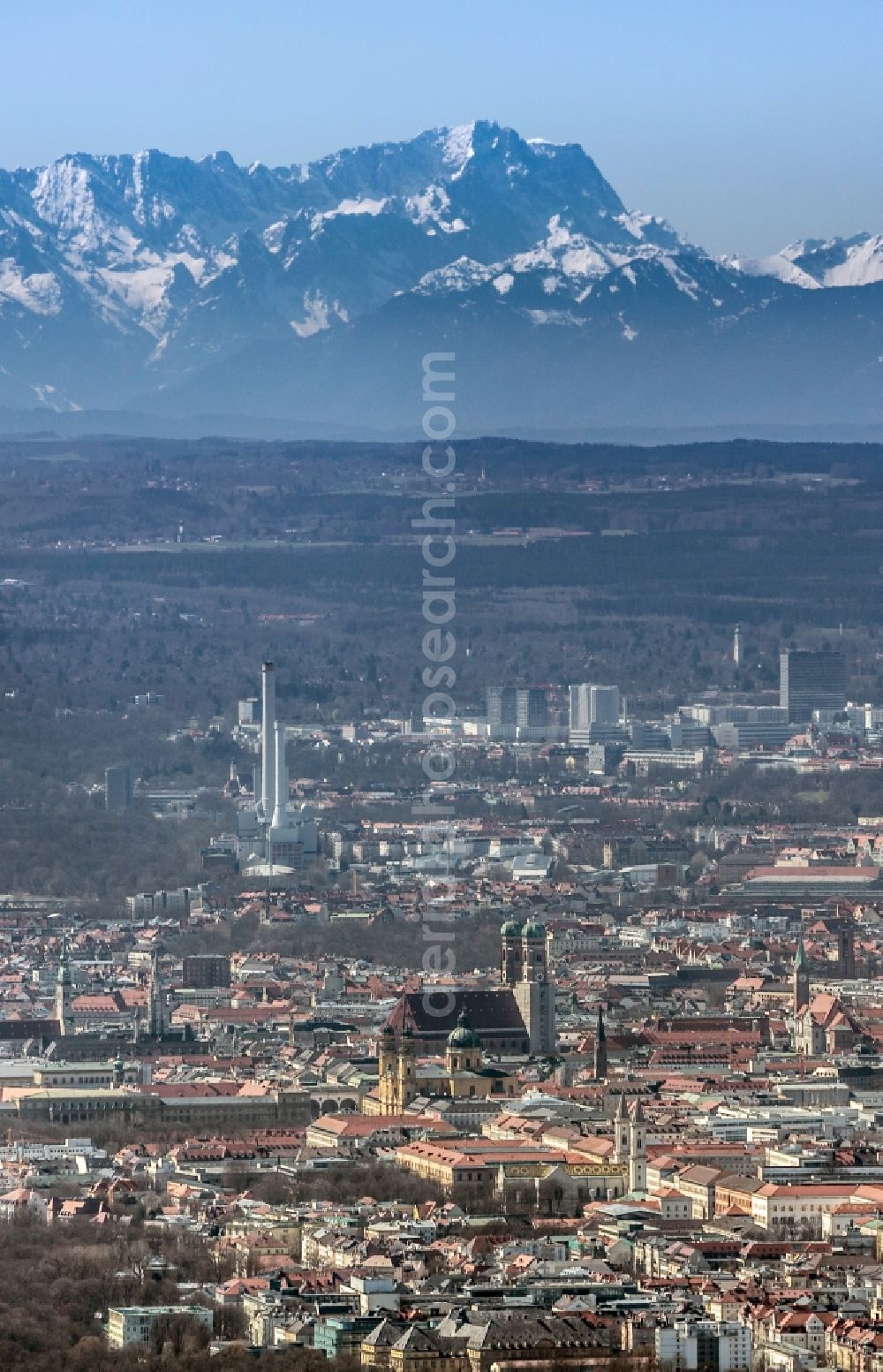 Aerial image München - Cityscape of Munich with the Frauenkirche in front of the Alps in Bavaria