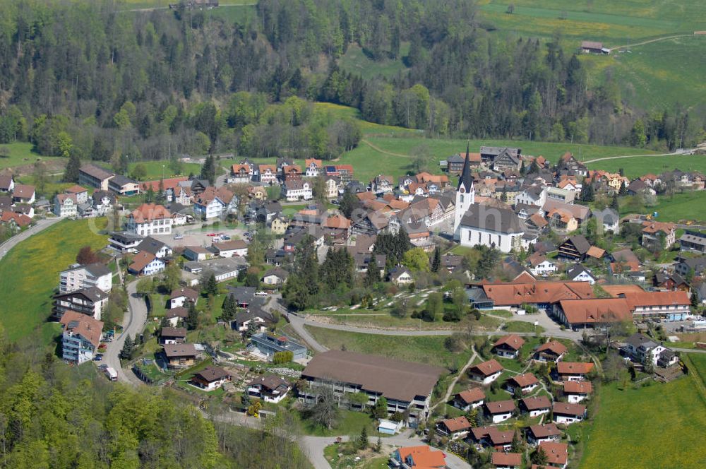 Aerial image Mogelsberg - Blick auf den Kurort Mogelsberg. Mogelsberg ist eine politische Gemeinde des Kantons St. Gallen in der Schweiz. Der Kurort liegt am Neckertal oberhalb des Flusses Necker an der Hauptstrasse sowie der Südostbahn-Linie zwischen St. Gallen und Wattwil. Kontakt: Gemeindeverwaltung, Lettenstrasse 3, 9122 Mogelsberg, Tel. +41 (0)71 3756030, Fax +41 (0)71 3741525, E-Mail: gemeinde@mogelsberg.ch