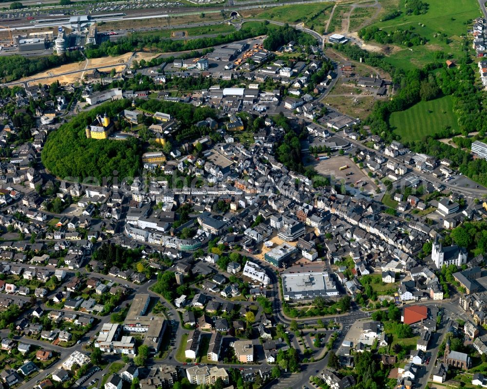 Montabaur from above - View of the town of Montabaur in the state Rhineland-Palatinate. The official tourist resort is the seat of administration of the county district of Westerwald. The town is an economic centre of the region and know for its castle and train station