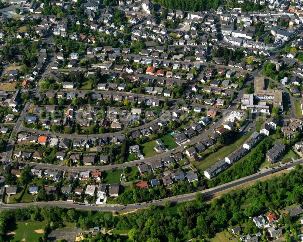 Aerial image Montabaur - View of the town of Montabaur in the state Rhineland-Palatinate. The official tourist resort is the seat of administration of the county district of Westerwald. The town is an economic centre of the region and know for its castle and train station