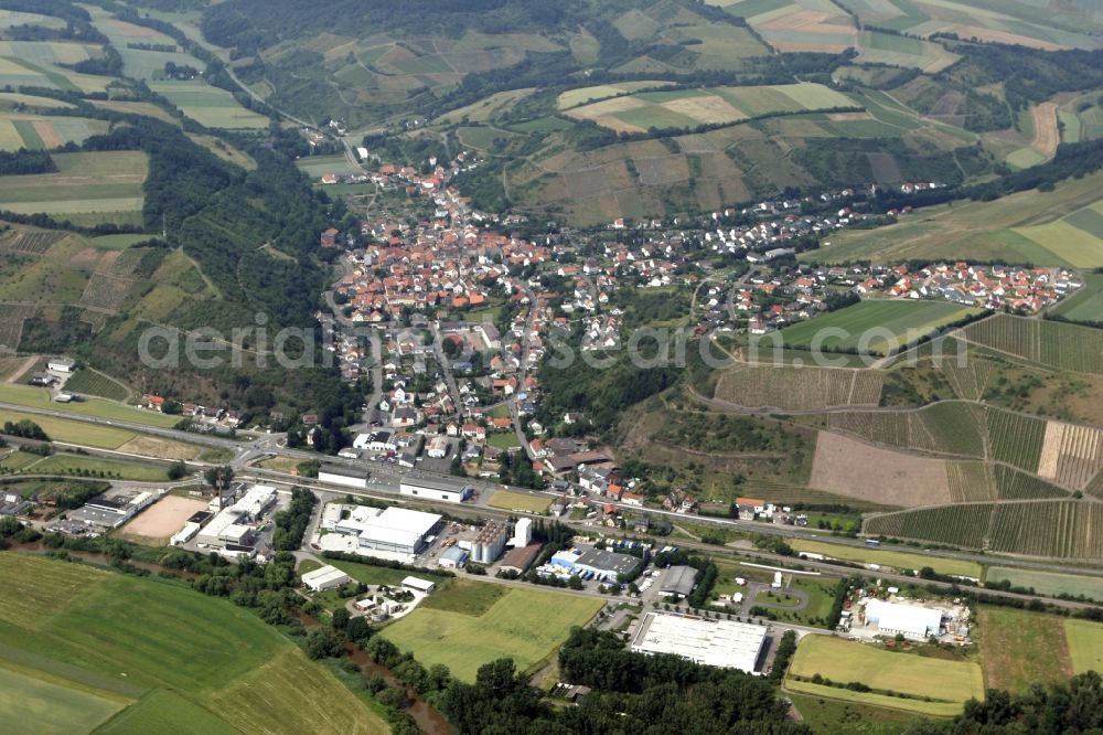 Monzingen from above - Cityscape of Monzingen in Rhineland-Palatinate. Monzingen is a 1200 year old wine growing community in the middle Nahe and a nationally recognized resort. Between the Nahe and the railway line a small industrial area