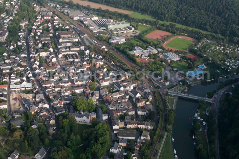 Nassau from the bird's eye view: View of Nassau in the state Rhineland-Palatinate. The town is located in the county district of Rhine-Lahn and is an official spa resort. The town is located on the river Lahn on the holiday route Oranier Strasse