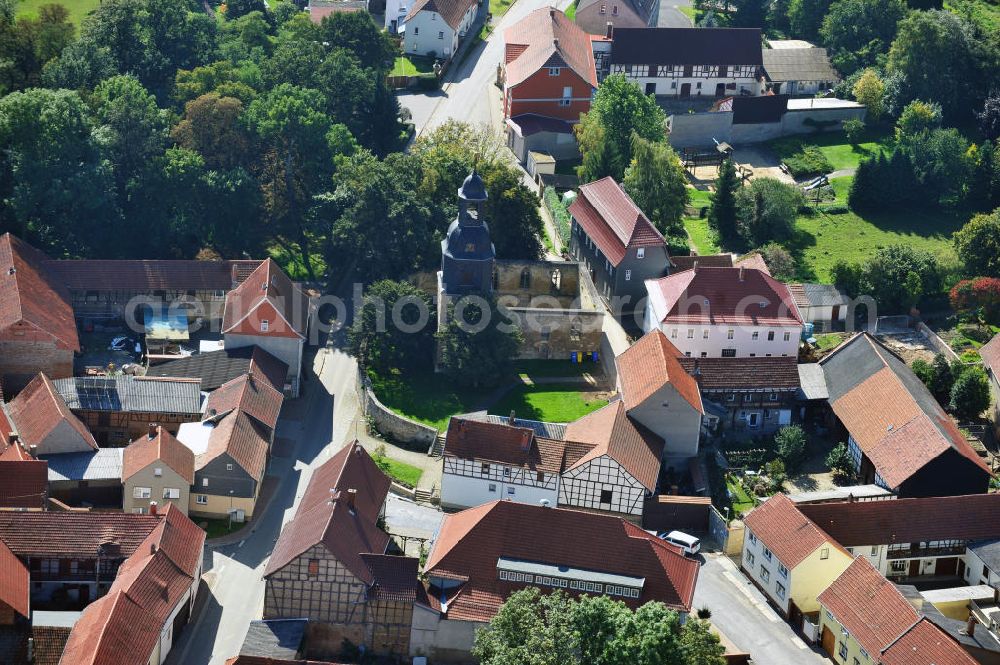 Aerial image Neunheilingen - Village resp. small town Neunheilingen with the Ruins of the Church of the Holy Cross in Thuringia