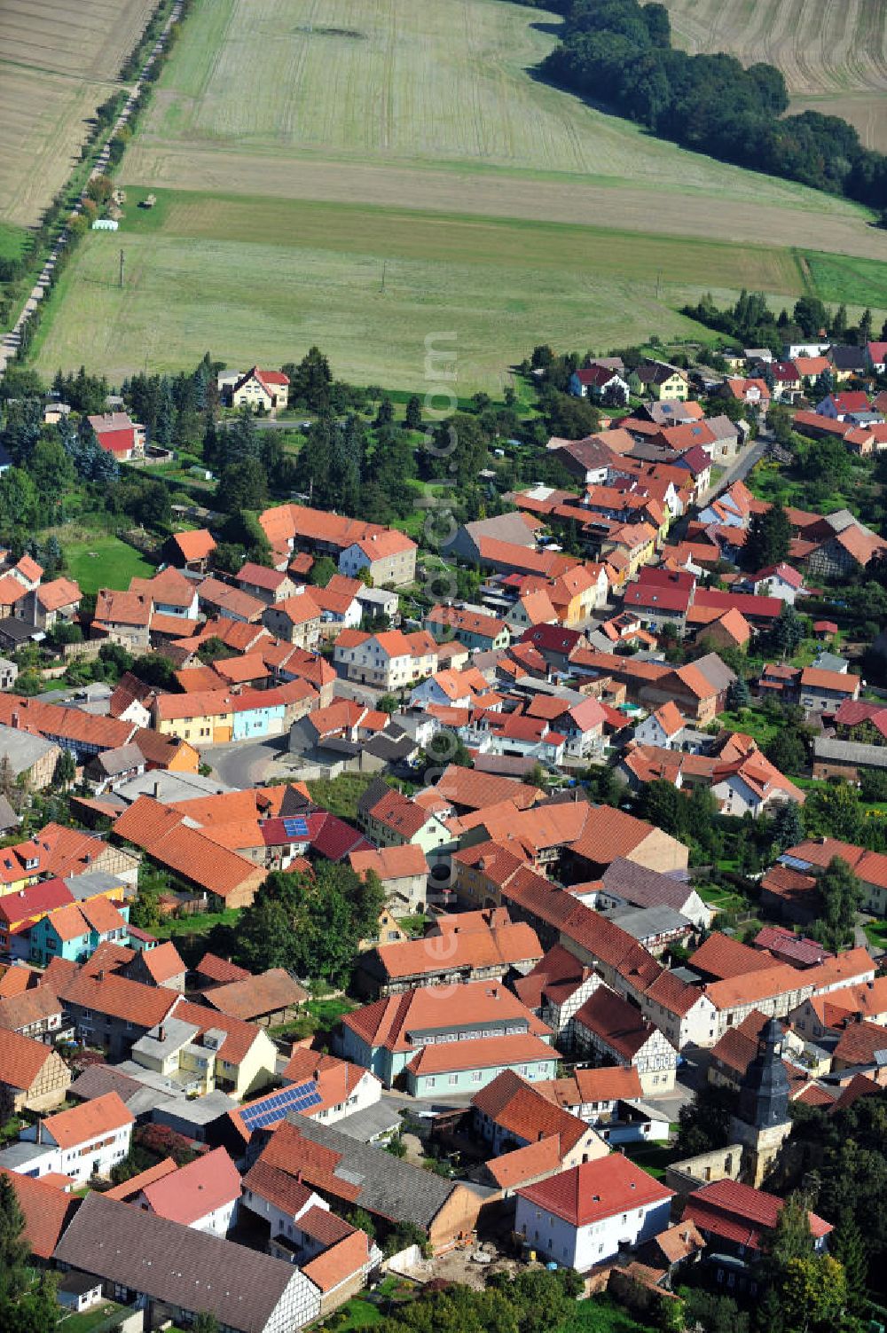 Neunheilingen from the bird's eye view: Village resp. small town Neunheilingen with the Ruins of the Church of the Holy Cross in Thuringia