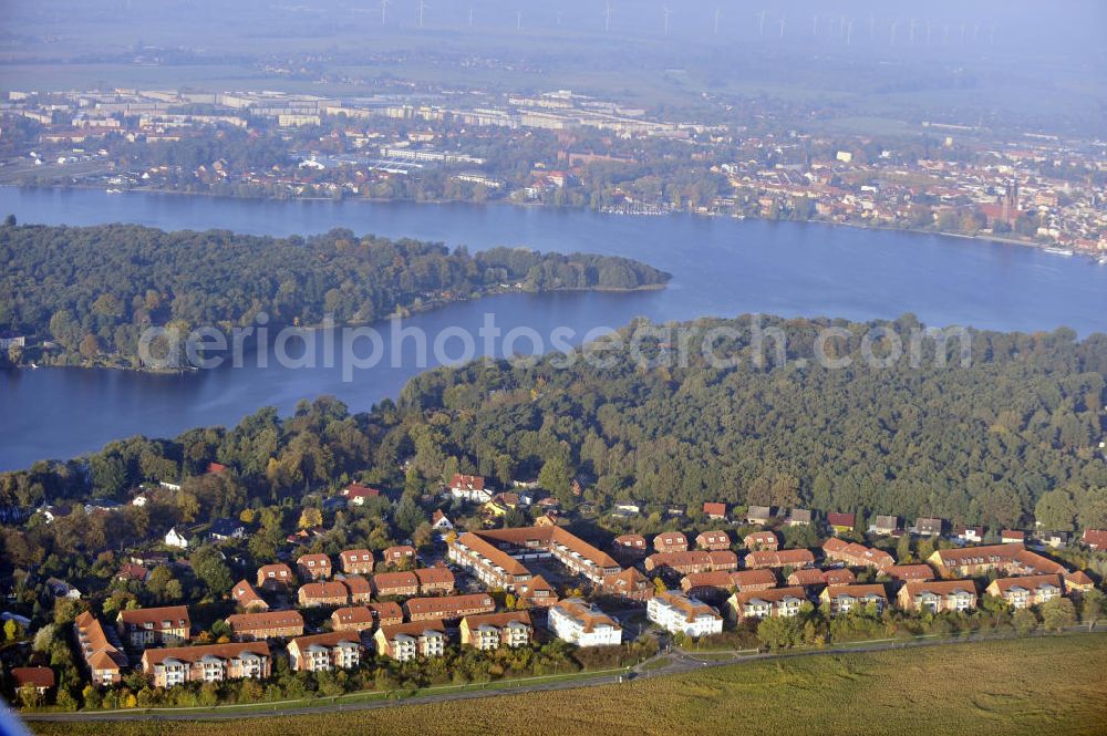 Neuruppin from above - Blick über das Wohngebiet Lindenzentrum auf den Ruppiner See und die Stadt Neuruppin in Brandenburg. View over the housing area Lindenzentrum to the lake Ruppin and the city of Neuruppin in Brandenburg.