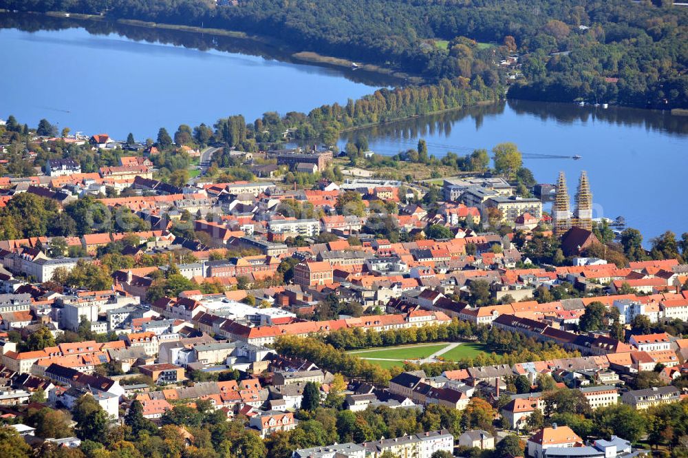 Aerial image Neuruppin - Stadtansicht der Fontane - Stadt Neuruppin in Brandenburg. Neuruppin ist die Kreisstadt des brandenburgischen Landkreises Ostprignitz-Ruppin. Zum Gedenken an den in Neuruppin geborenen Dichter Theodor Fontane trägt die Stadt den Beinamen Fontanestadt. City view of Neuruppin. The poet Theodor Fontane was born in Neuruppin, so it is called Fontanestadt Neuruppin.