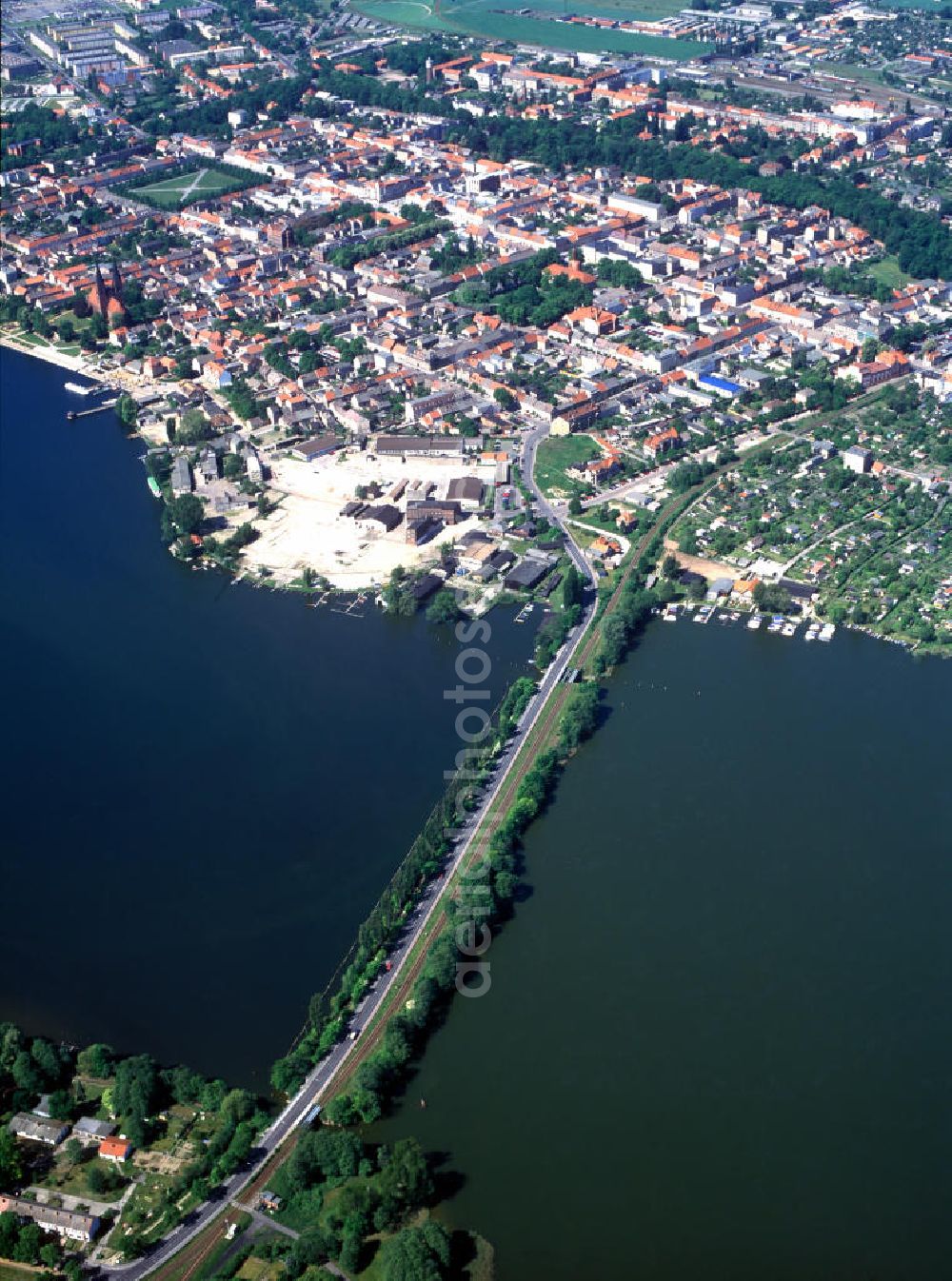 Neuruppin from above - Blick über die Seedammbrücke und Ruppiner See auf Neuruppin in Brandenburg. View over the bridge Seedammbrücke and the lake Ruppiner See on Neuruppin in Brandenburg.